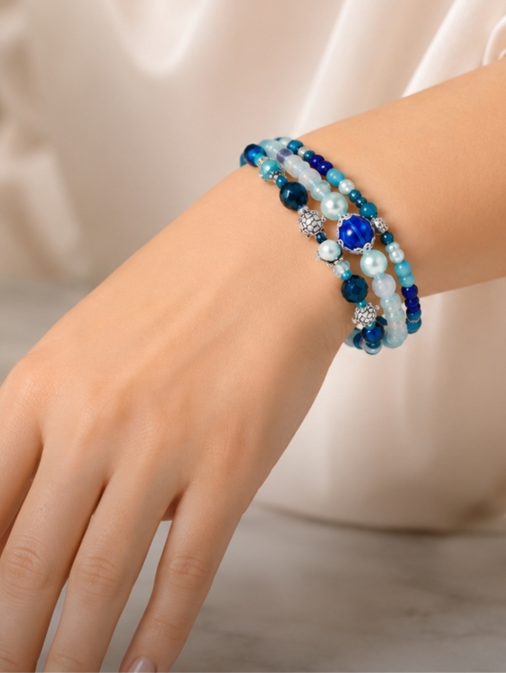 Ocean Theamed Blue Beaded Stackable  Bracelet Set